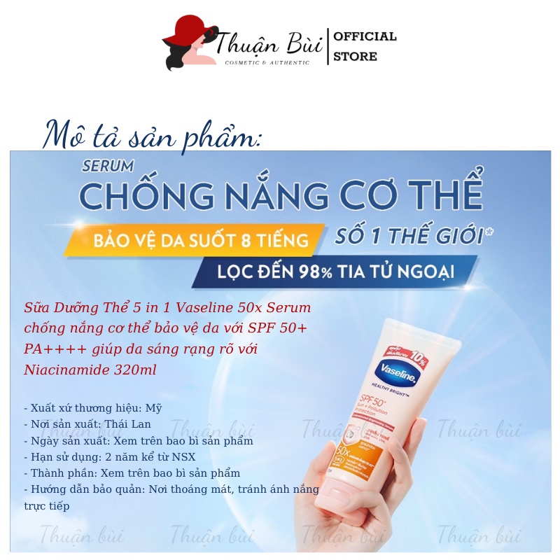 Sữa Dưỡng Thể 5in1 Vaseline 50x Serum chống nắng cơ thể bảo vệ da SPF 50+ PA++++ da sáng rạng rõ với Niacinamide 320ml