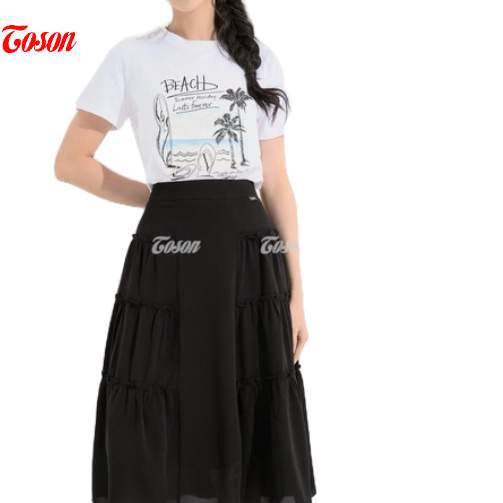 Chân váy đen tơ ý dáng xòe, nhún 3 tầng Toson 38002B52