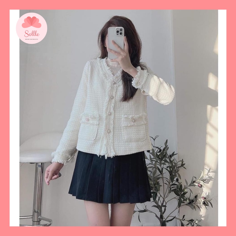 Áo khoác dạ tweed trắng dáng ngắn cổ rời 2 lớp đẹp mặc hai kiểu tiểu thư rẻ Hàn Quốc Sollle