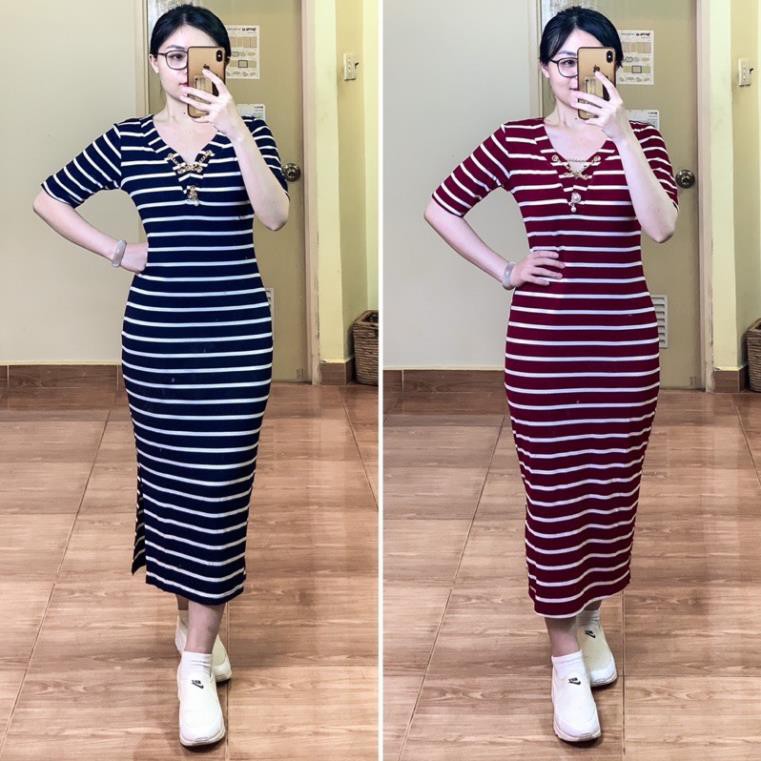 Đầm body thun kẻ sọc, xẻ tà dài freesize đến 65kg (bầu bí bon chen) 👗 *