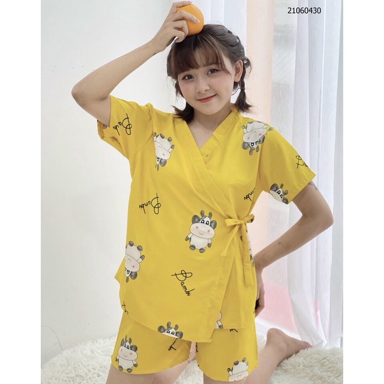 Bộ Đồ Ngủ Nữ Mặc Nhà Ngắn Tay Pijama Kimono Cộc Tay Vạt Chéo Họa Tiết Dễ Thương