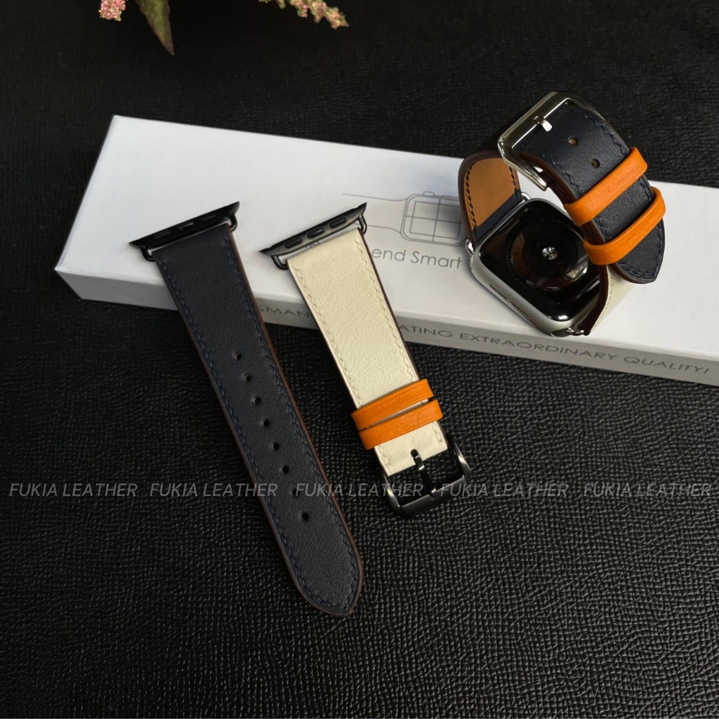 Dây da thủ công Swift đen trắng mix cam dành cho Apple Watch, đồng hồ thông minh, đồng hồ cơ - DDTC110