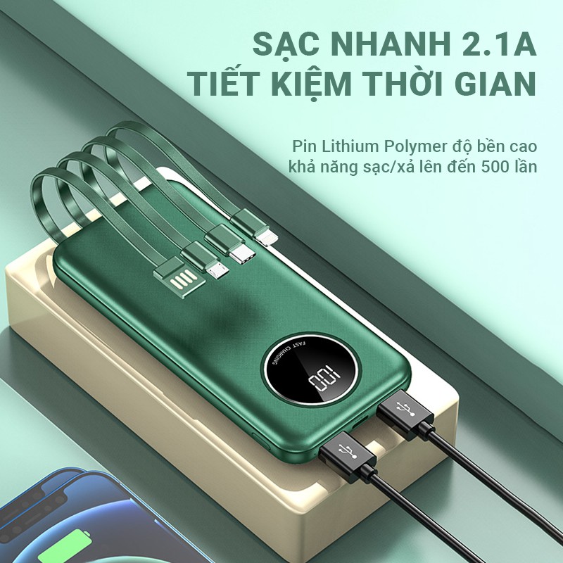 Pin sạc dự phòng 15000mAh tích hợp sẵn cáp sạc Cát Thái YM-343 hỗ trợ sạc nhanh 2.1A, 4 cáp USB/Micro/Type-C/Lightning