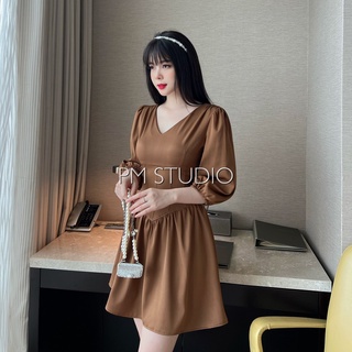 Đầm cổ V eo corset 2 màu nâu,trắng