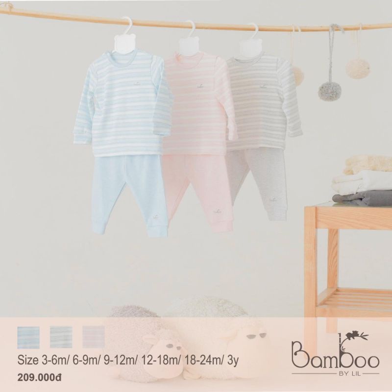 Lil - Bộ cài vai dài tay áo kẻ quần trơn chất Bamboo