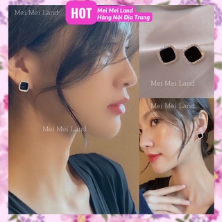 Khuyên Tai Vuông Đen Có Viền Hạt Lấp Lánh Sang Chảnh Phong Cách Hàn Quốc