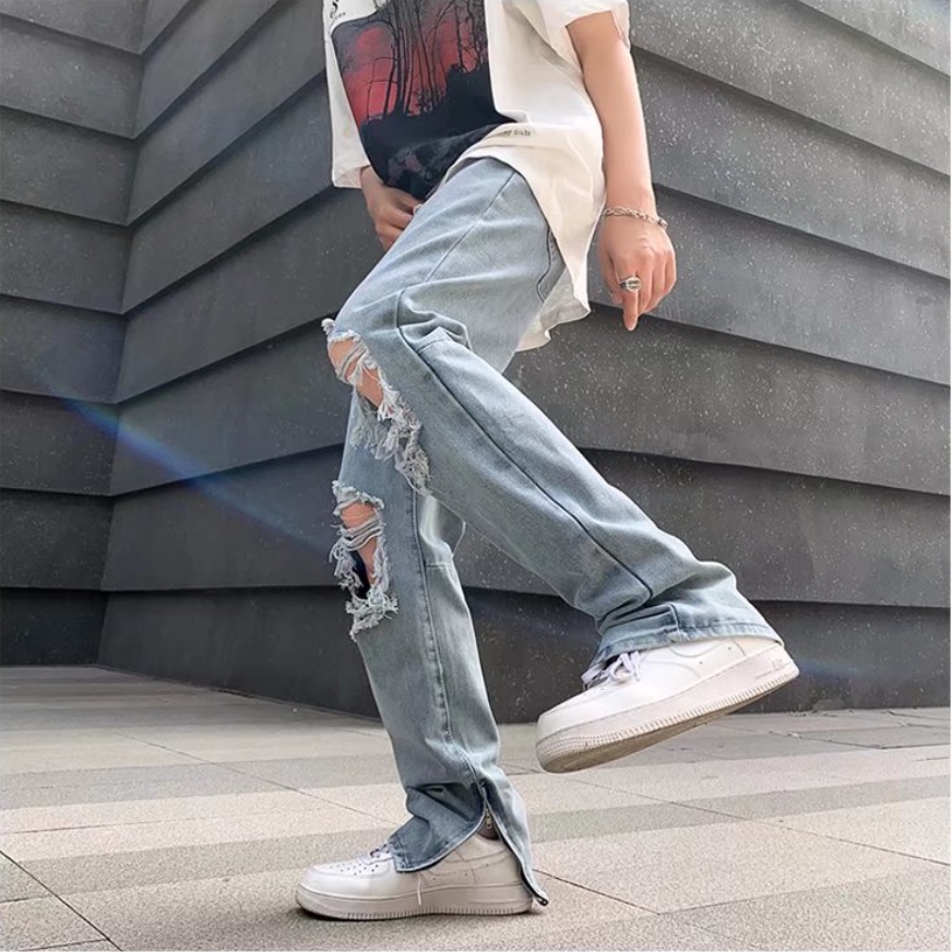 Quần Jean Trơn quần jean ống suông Màu Dáng Suông Đơn Giản quần jean nam rách gối Thời Trang quần jean nam slimfit Hàn Quốc quần ống suông