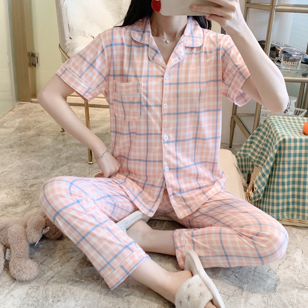 Bộ pijama nữ quần dài TOZZO  kẻ caro mặc đi ngủ ở nhà dễ thương form bigsize 50-62Kg PACQD02