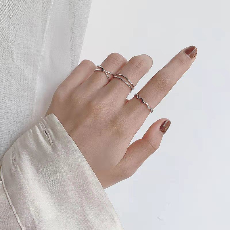 Set 3 Nhẫn Bạc Họa Tiết Hình Học / Gợn Sóng Phong Cách Hàn Quốc Cho Nữ