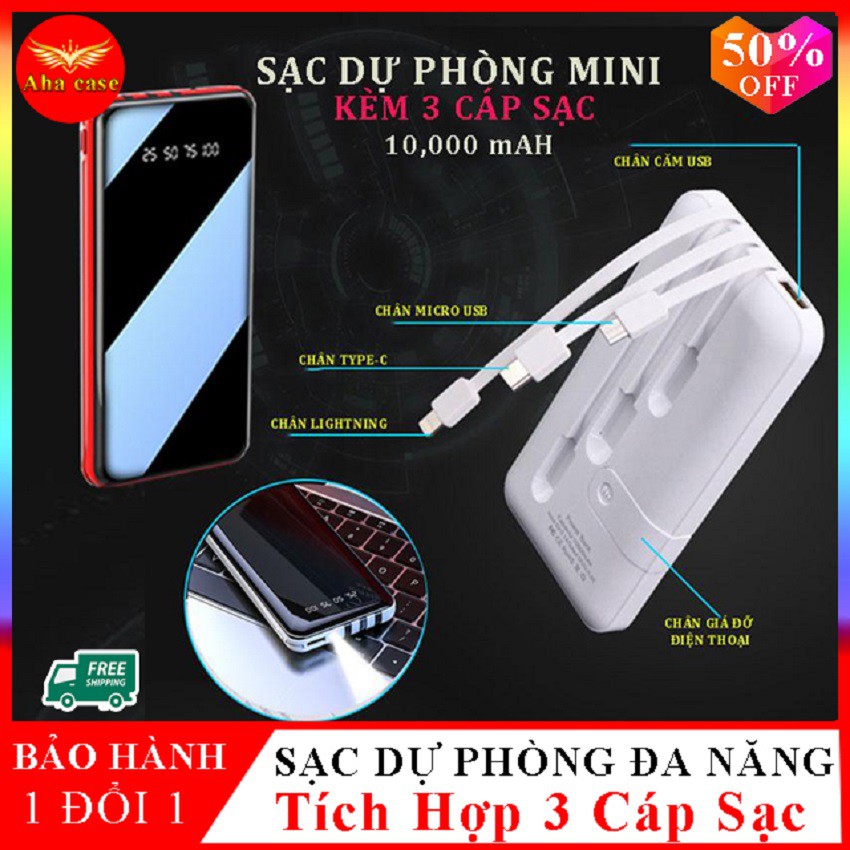 [Free Ship] Pin Sạc Dự Phòng Đa Năng Màn hình Đèn LED, Tích Hợp 3 Cáp Sạc Micro, Lingtning, TypeC, Dung Lượng 10.000 mAh