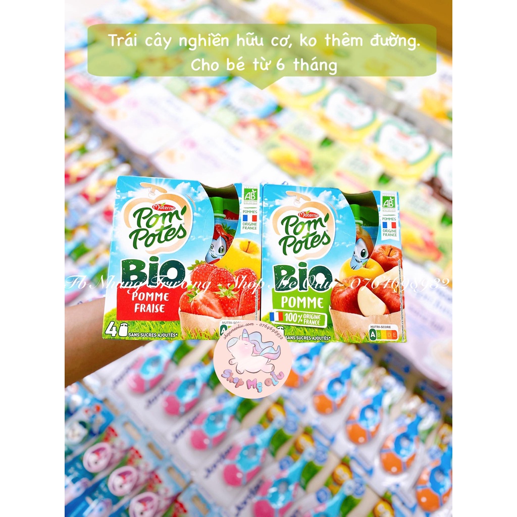 [SHIP AIR] Trái cây nghiền / Sinh tố trái cây hữu cơ Materne Pom'Potes Pháp cho bé 6M,ko chứa đường 90g