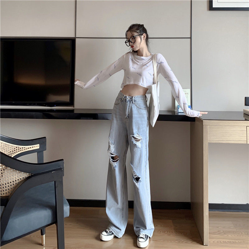 Quần dài jeans lưng cao ống rộng rách gối thời trang dành cho nữ