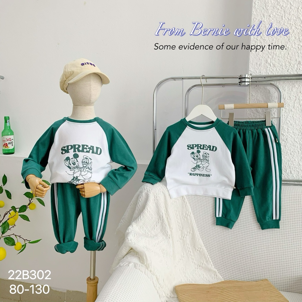 Bộ thu đông bé trai hoạ tiết, bộ thun dài tay cho bé vải da cá dày dặn Bernie