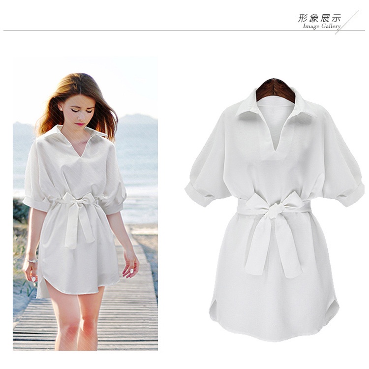 Váy áo sơ mi cổ chữ V from rộng, dây cột eo trẻ trung, năng động