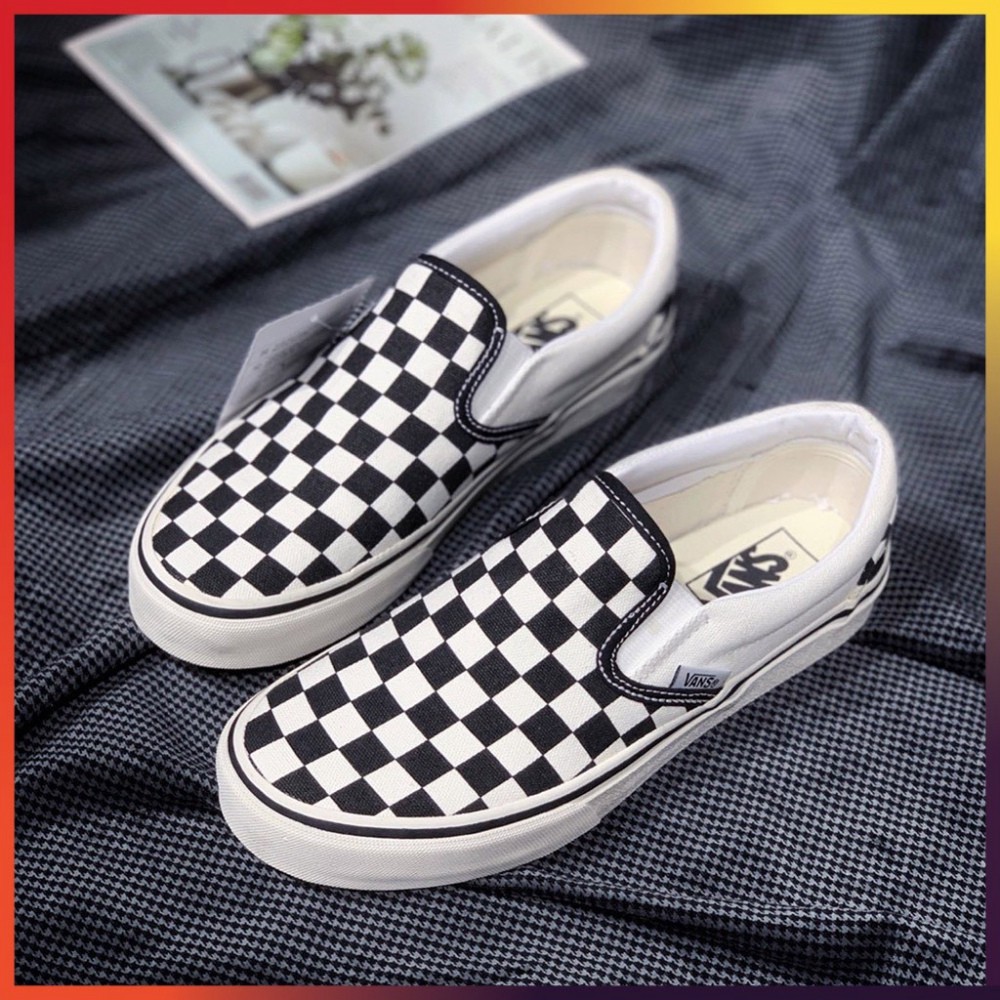 Giày Lười Nam Nữ - Giày Thể Thao Slip On Vans Caro kẻ sọc đen trắng cá tính, đế êm lót da Cao Cấp D18 HOT