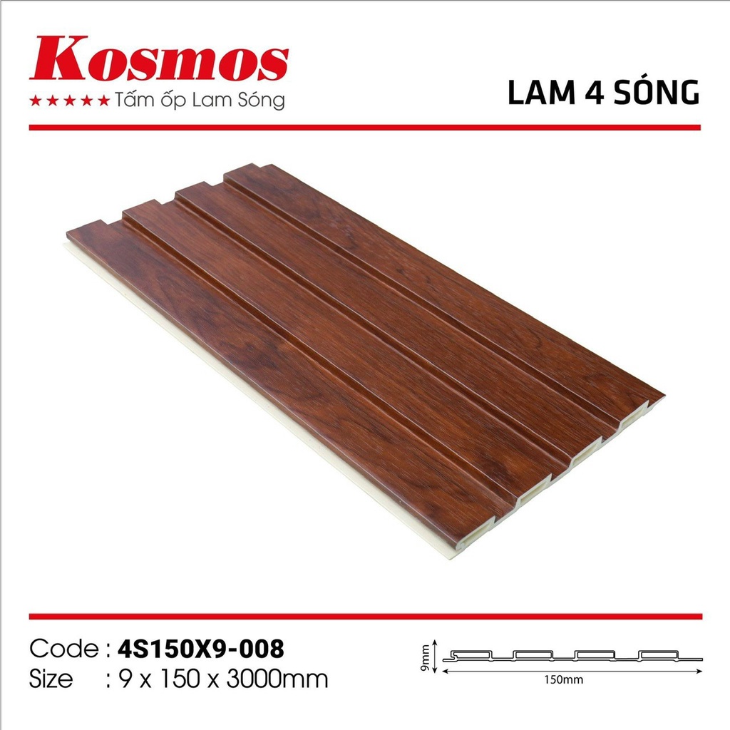 Lam 4 sóng nhỏ Kosmos, lam sóng trong nhà nhựa nguyên sinh PVC, kt 150x9x3000mm