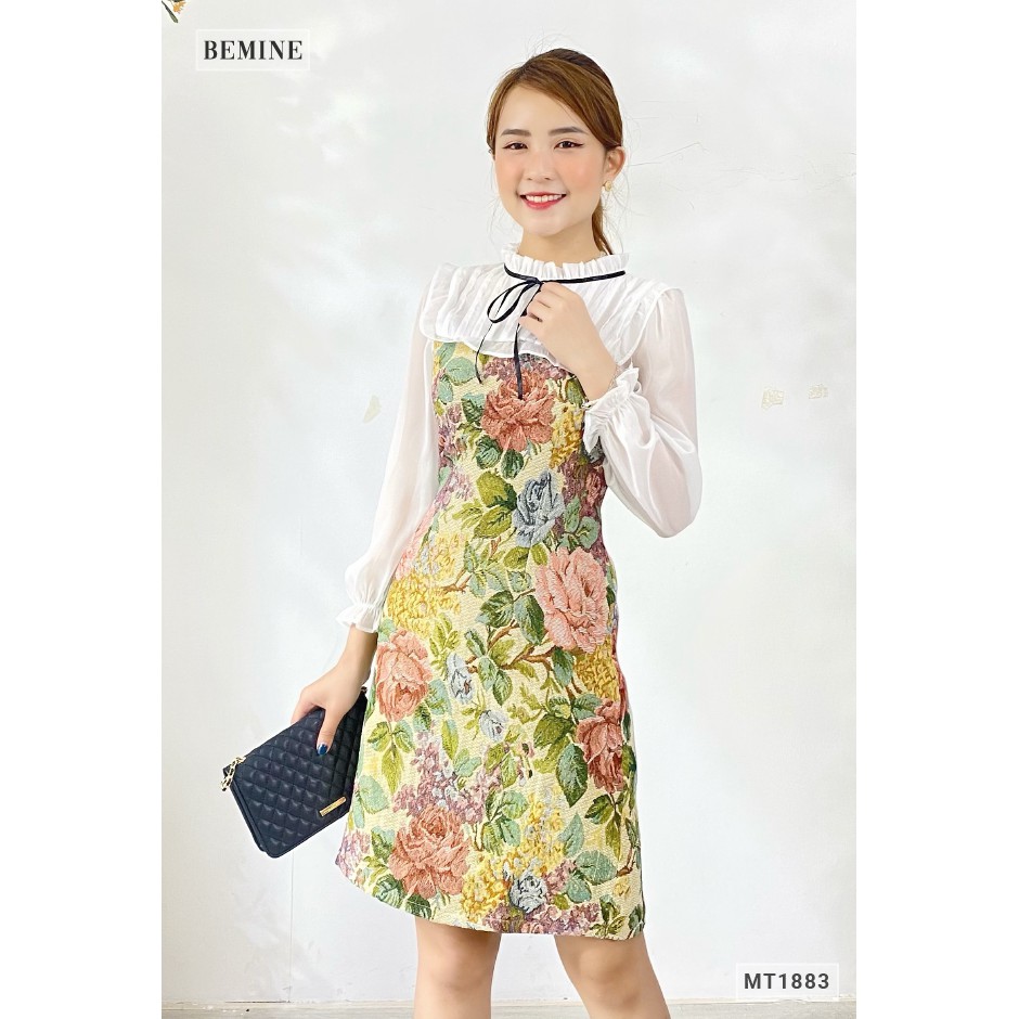 Đầm hoa phối bèo trắng tay dài BEMINE MT1883XANH | BigBuy360 - bigbuy360.vn