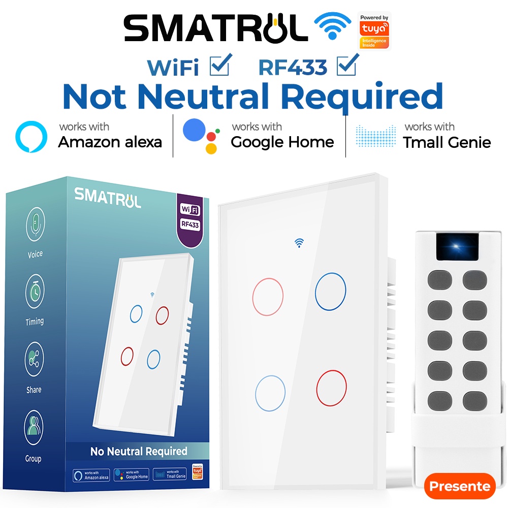 Công tắc tường thông minh WiFi SMATRUL RF433MHz tương thích với Google Home & Amazon Alexa 110V-250V