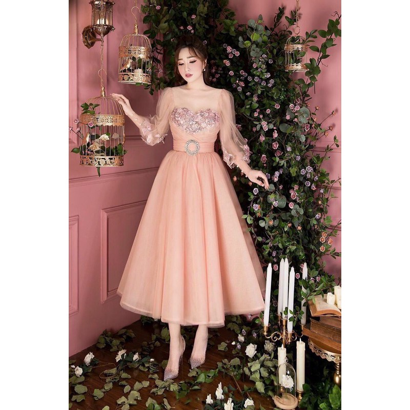 ĐẦM XOÈ TAY PHỒNG KẾT HOA THÊU ( kèm khoen eo đá pha lê)