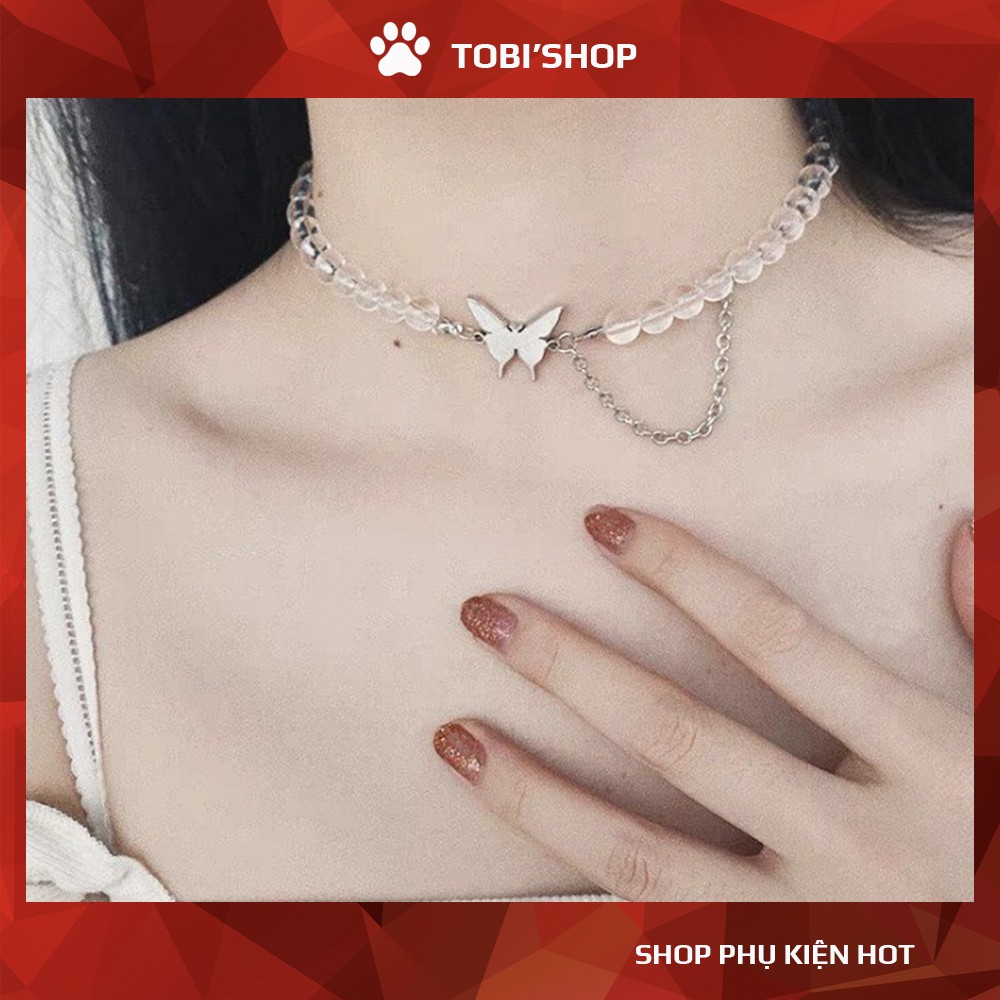 Dây chuyền chocker TOBI STORE chuỗi hạt pha lê trắng mặt bươm bướm dễ thương TB95