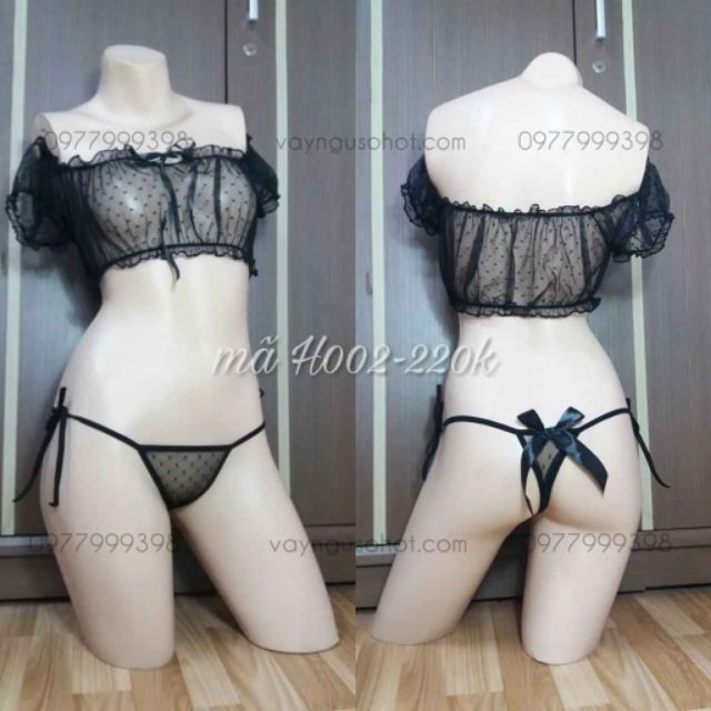 set đồ ngủ chấm bi dáng áo quây kèm quần chip buộc dây mềm mại thoáng mát