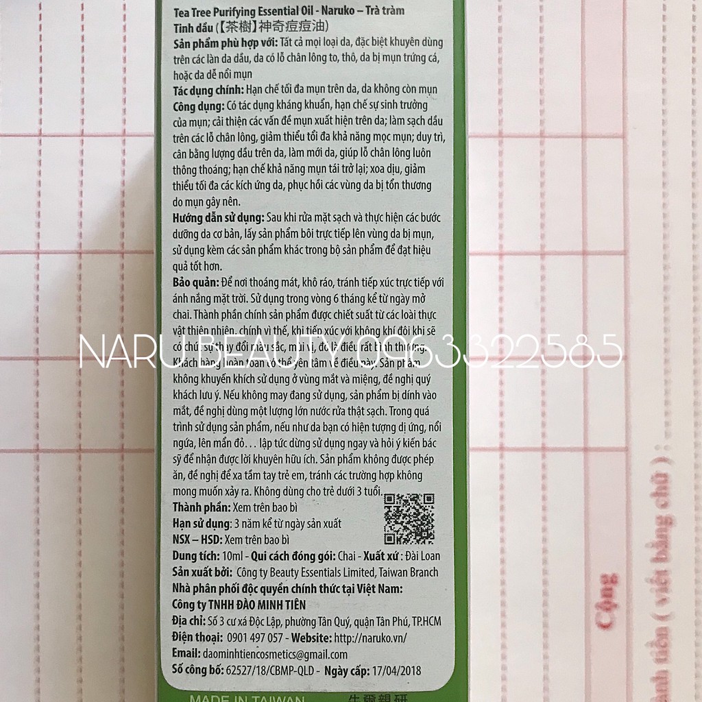 (CHÍNH HÃNG BẢN ĐÀI) Tinh dầu tràm trà NARUKO ngăn ngừa và giảm mụn sưng viêm 10ml TEA TREE PURIFYING ESSENTIAL OIL 10ML