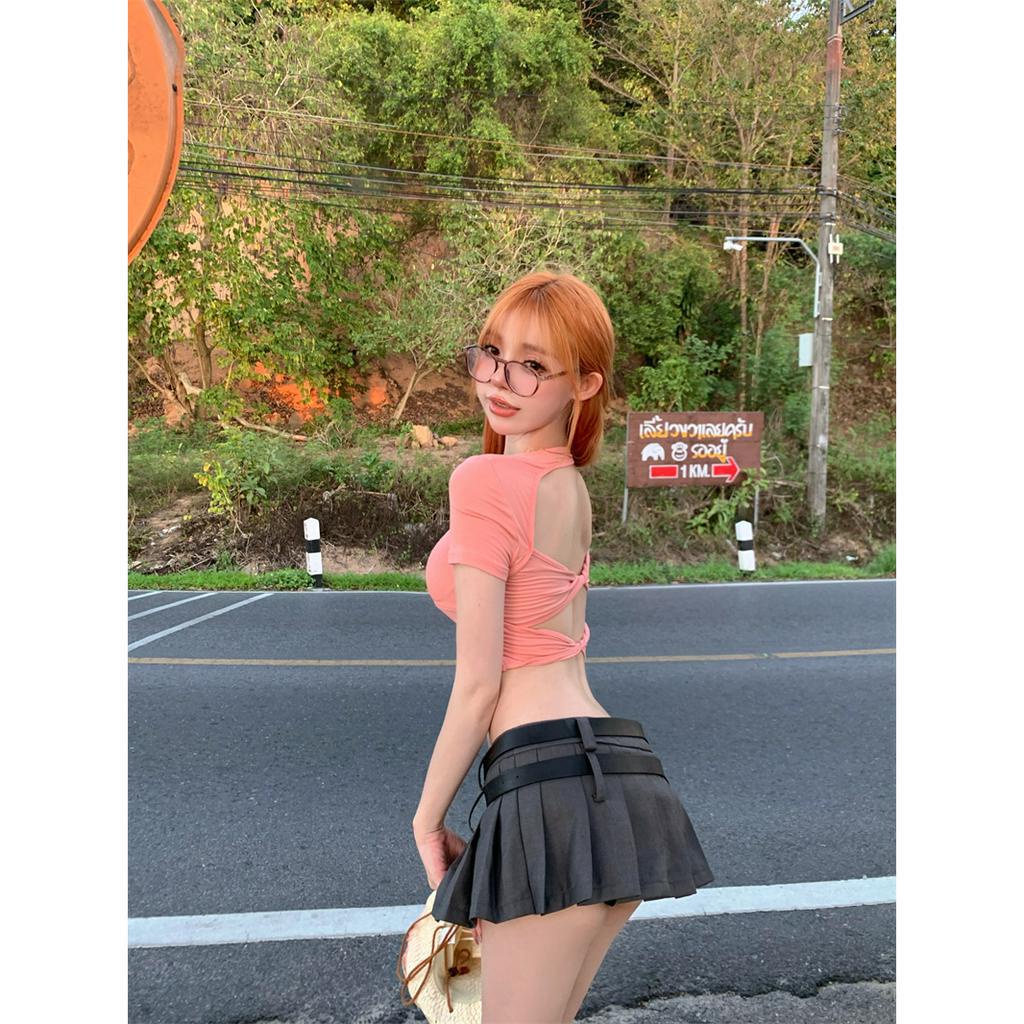 Cocory vn Áo Croptop Tay Ngắn Hở Lưng Y2K Có Đệm Ngực 4 Màu Thời Trang Mùa Hè Quyến Rũ Cho Nữ