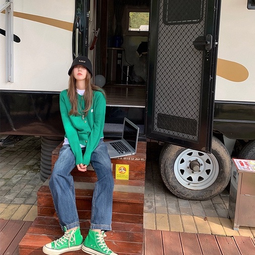 【ZHELIHANGFEI】Áo Cardigan Dệt Kim Tay Dài Dáng Rộng Phong Cách Preppy Dễ Phối Đồ