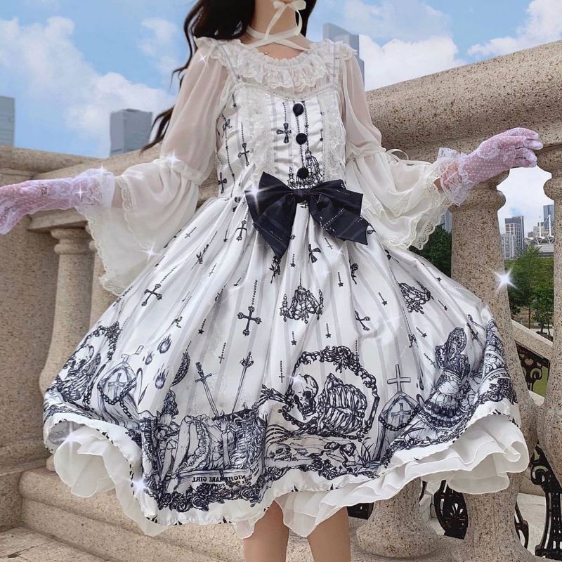[Order] (6G2) Váy đầm Công chúa Lolita hai dây họa tiết búp bê ma mị dáng xòe loại đẹp màu trắng - đen