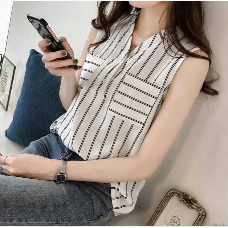 FREESHIP ĐƠN 99K_ Áo Chiffon Sát Nách Cổ Chữ V Hoạ Tiết Kẻ Sọc Cho Phái Nữ