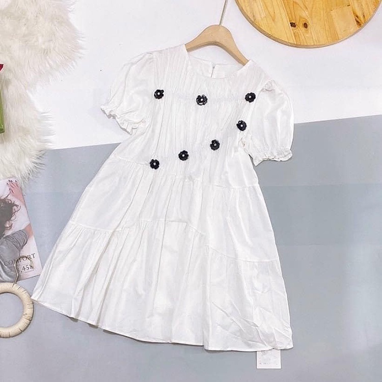 Váy babydoll cổ tròn đính hoa đen, đầm bầu dáng suông rộng ngắn thích hợp đi chơi - HN982