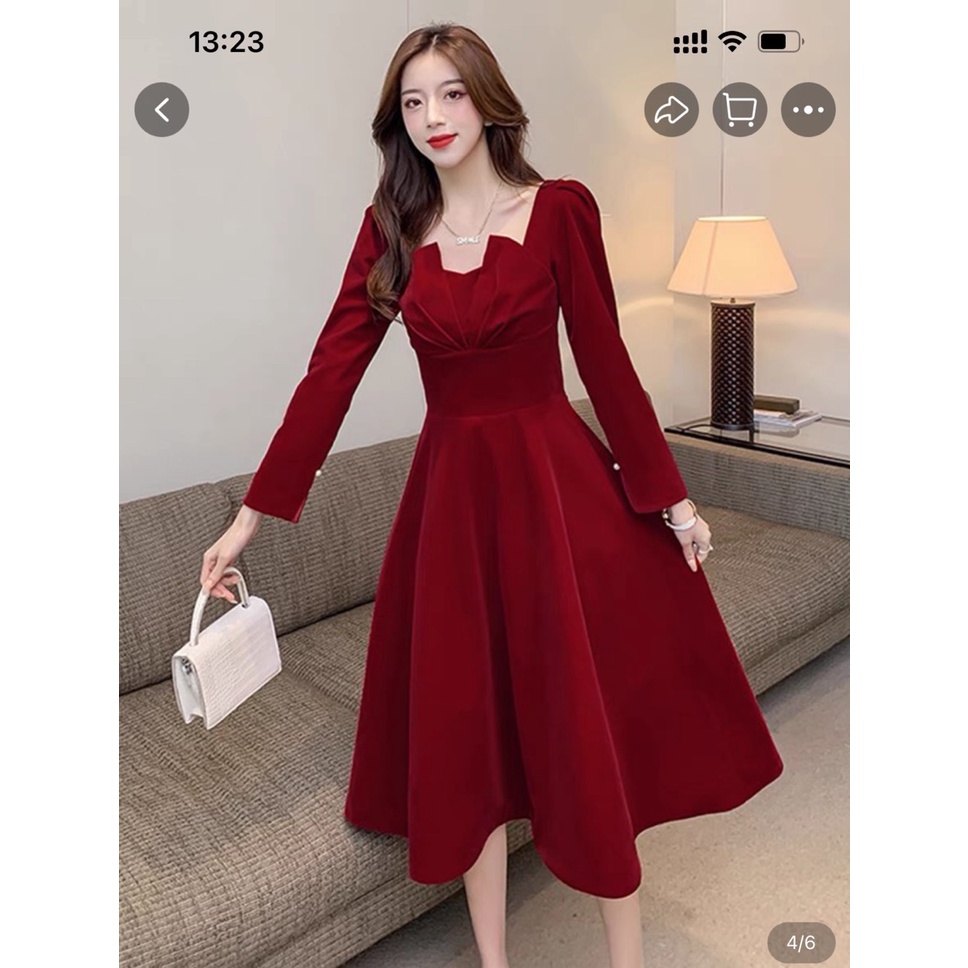 Váy Nhung Nữ Đỏ, Đầm Xòe Xếp Ly Ngực Phối Ngực Chất Nhung Dày Dặn Hàng Thiết Kế, Đủ Size Siêu Sang.