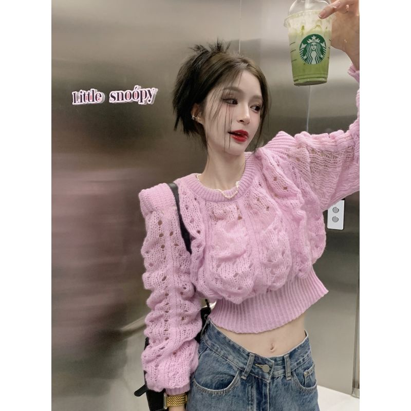 Jiashucheng Áo Sweater Tay Phồng Mỏng Dáng Ngắn Thiết Kế Xoắn Eo Dài Tay Phong Cách Cho Nữ