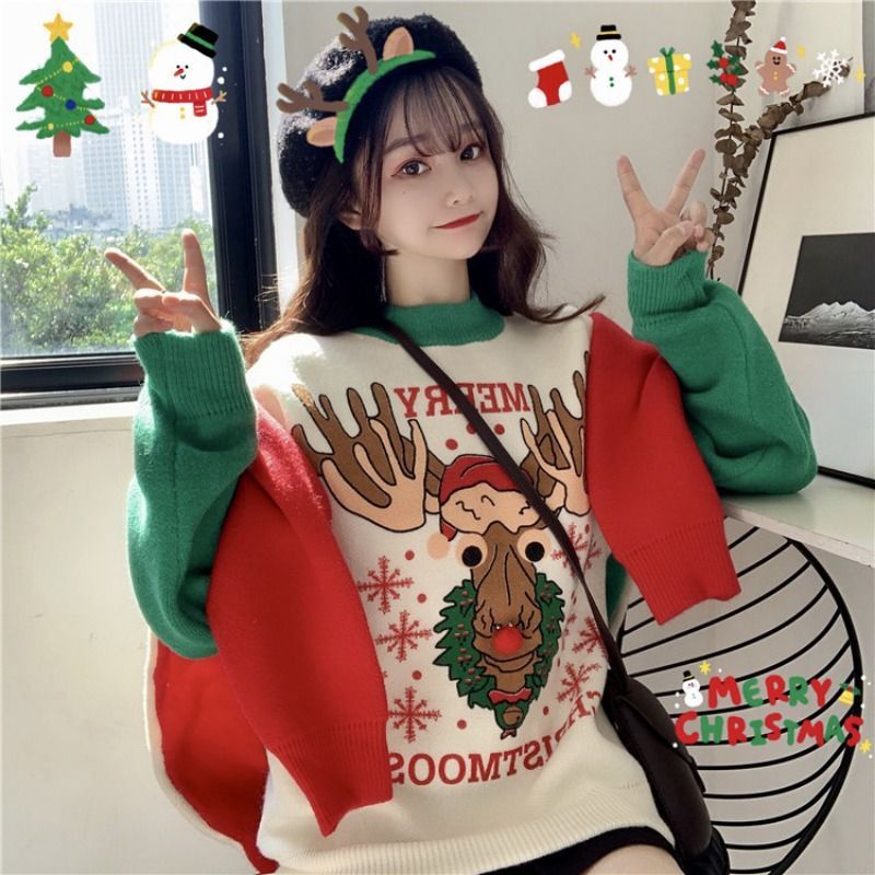 Áo Sweater Dáng Rộng Họa Tiết Giáng Sinh Thời Trang Thu Đông Dễ Phối Đồ Cho Nữ