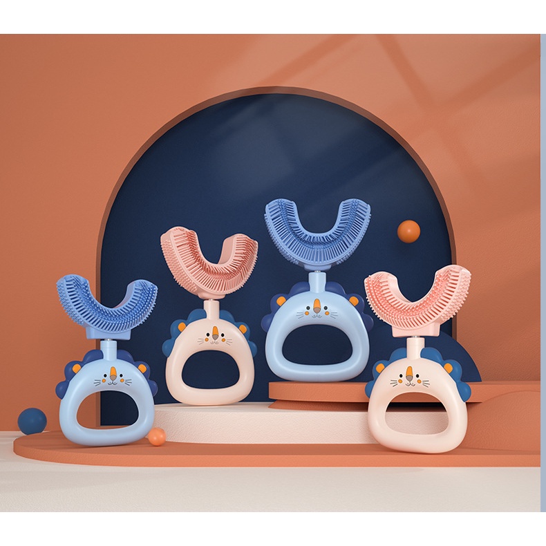 PVN45148 Bàn chải đánh răng cầm tay hình chữ U bằng silicon mềm có thể chải sâu 360 độ cho bé 2-12 tuổi