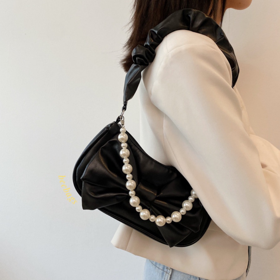 Túi Da Nữ Phối Nơ Tiểu Thư Xinh Xắn Phối Ngọc Đeo Vai Màu Trắng, Đen | TX12 | Túi Đeo Vai Nữ Đi Chơi Đi Tiệc Dễ Phối Đồ