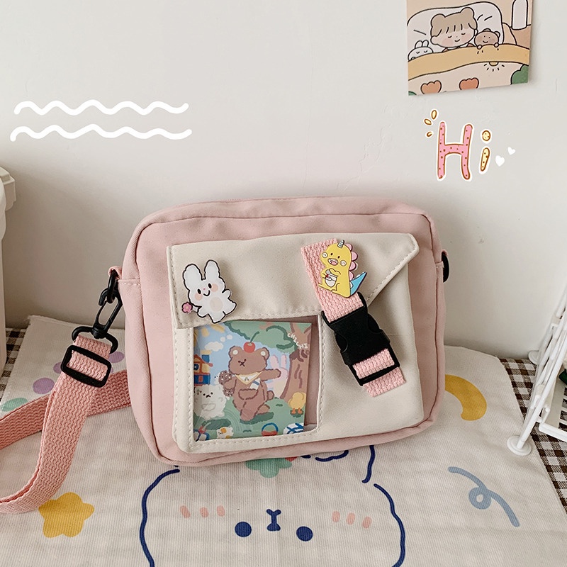 Túi Đeo Vai Vải Canvas Dáng Vuông Nhỏ Phối Màu Dễ Thương Thời Trang Cho Nữ