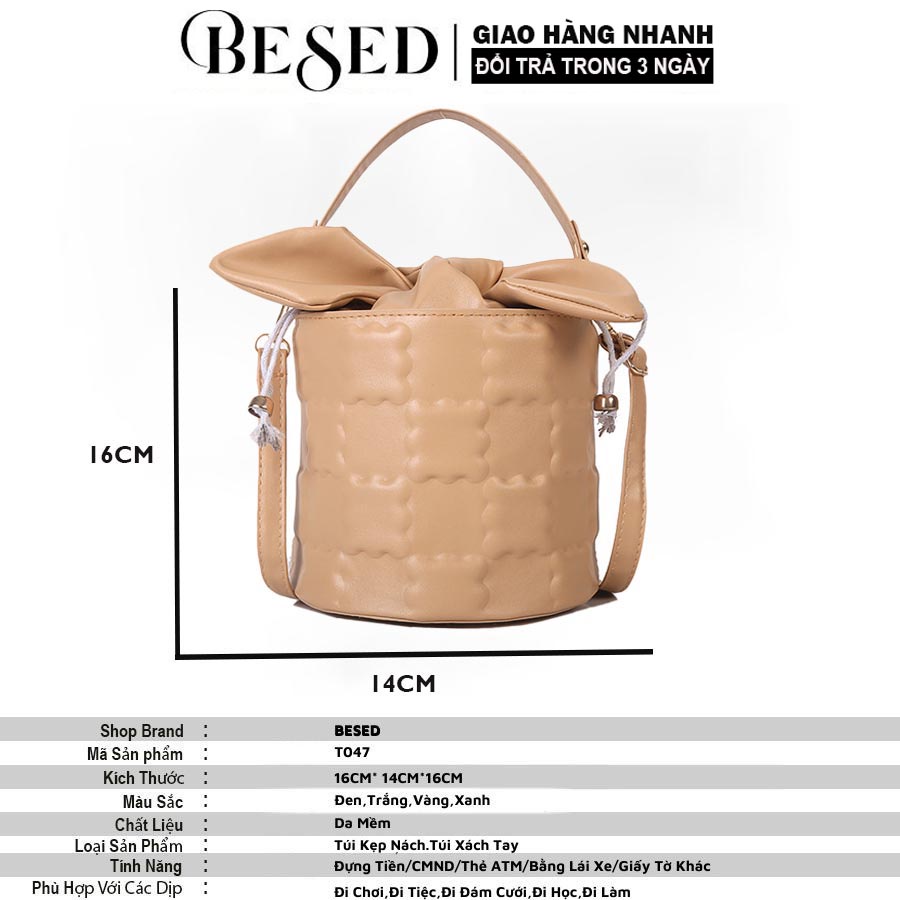 Túi xách nữ đeo chéo hình trụ tròn đẹp sang chảnh dễ thương cá tính da pu cao cấp dáng nơ thời trang đi chơi BESED T047