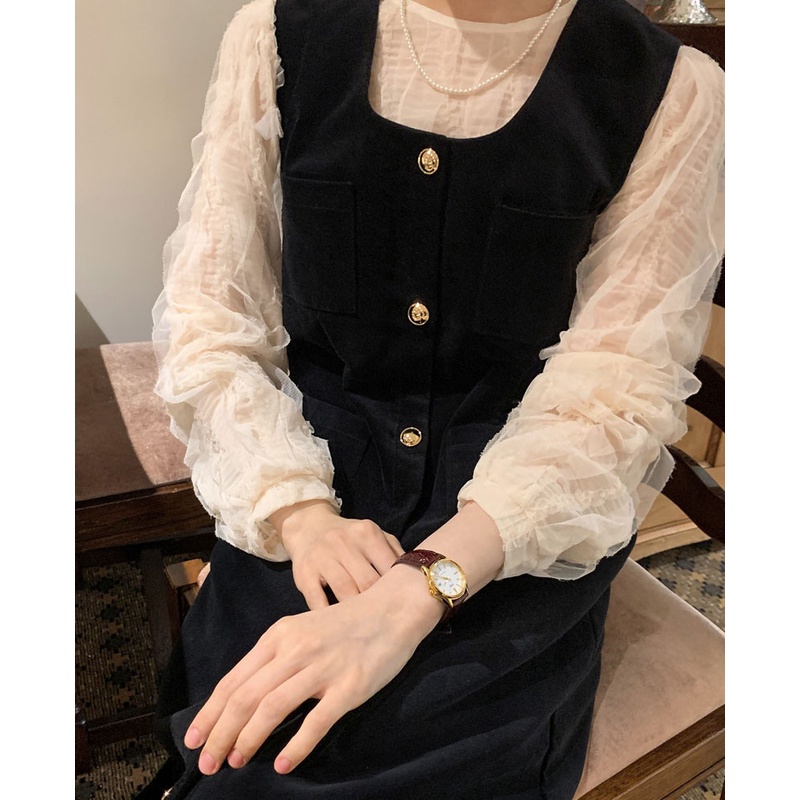 Set áo sơ mi cổ tròn dài tay và chân váy phong cách retro 48042