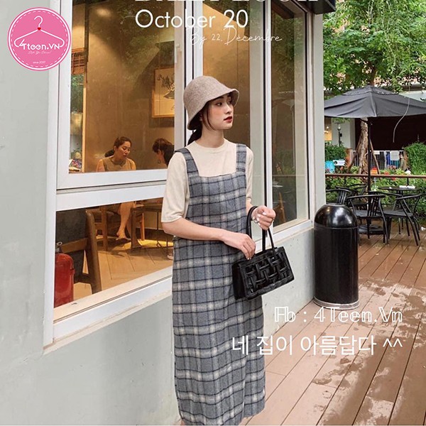 Váy yếm vải sọc caro dáng maxi thời trang