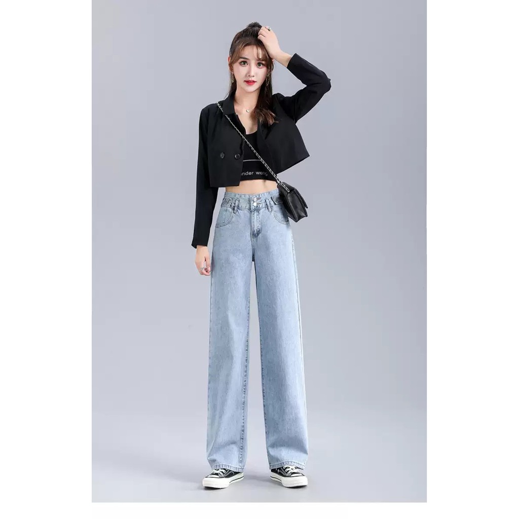 [ MƠN MỞN ] QUẦN JEAN ỐNG RỘNG NỮ LƯNG CAO 2 NÚT 2 ĐAI MÀU XANH NHẠT LAI CUỐN FORM DÀI RỘNG CAO CẤP BABO HOT CỰC HOT