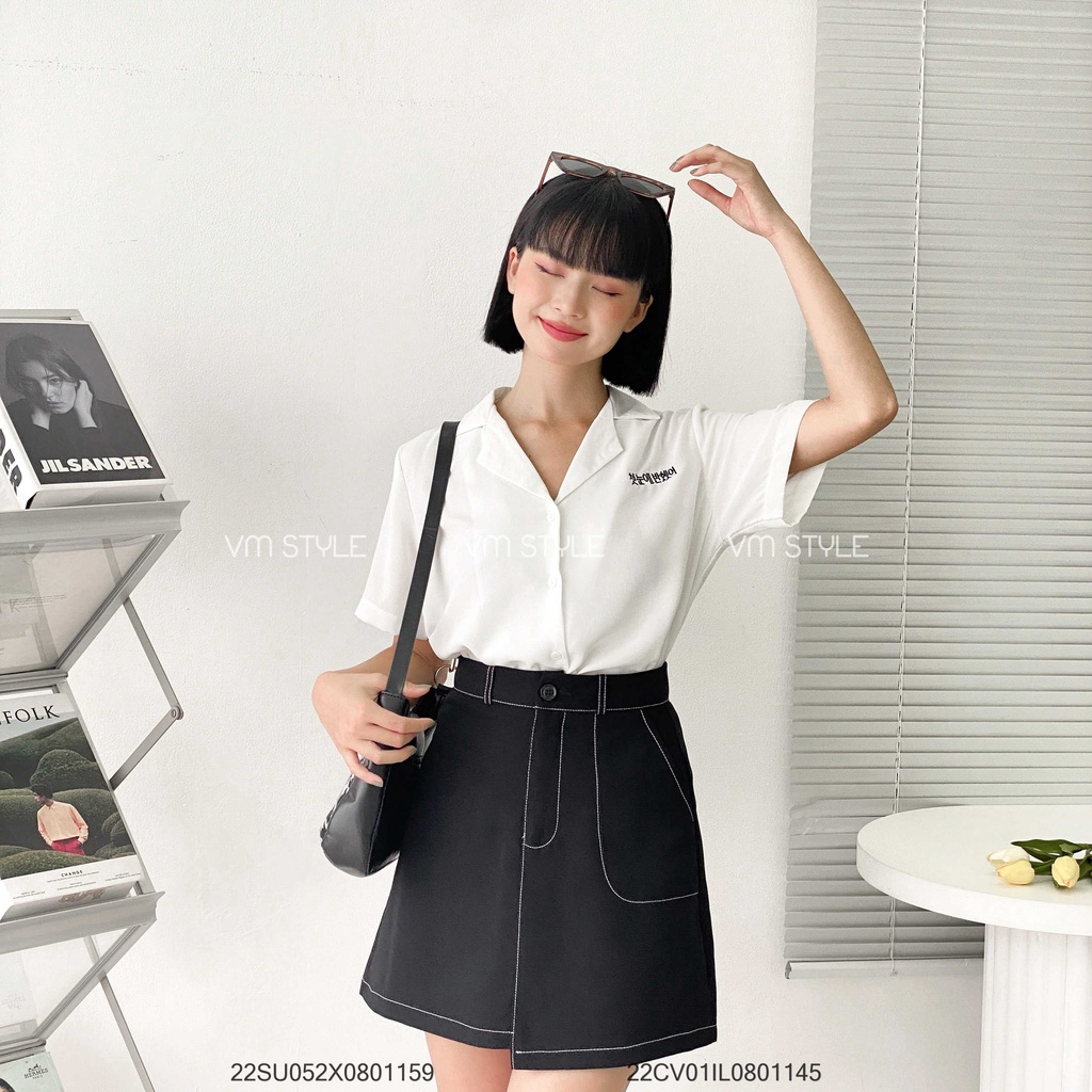 Chân váy chữ A nữ dáng ngắn VMSTYLE thiết kế xếp tà viền chỉ trắng trẻ trung 0527_ CVN00012