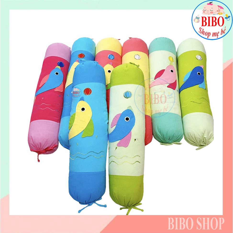 Gối ôm cho bé dài 70cm bông gòn Microfiber vỏ Cotton Cara dây rút hình họa tiết trẻ em cá heo thêu