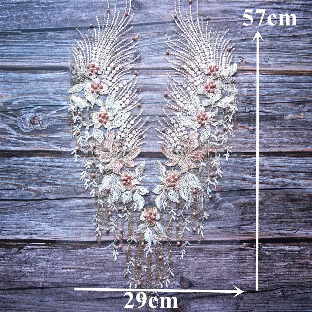 Mai Màu Hồng Thêu Ren Đính May Hạt Vải Hoa Cổ Miếng Dán Váy Cưới DIY