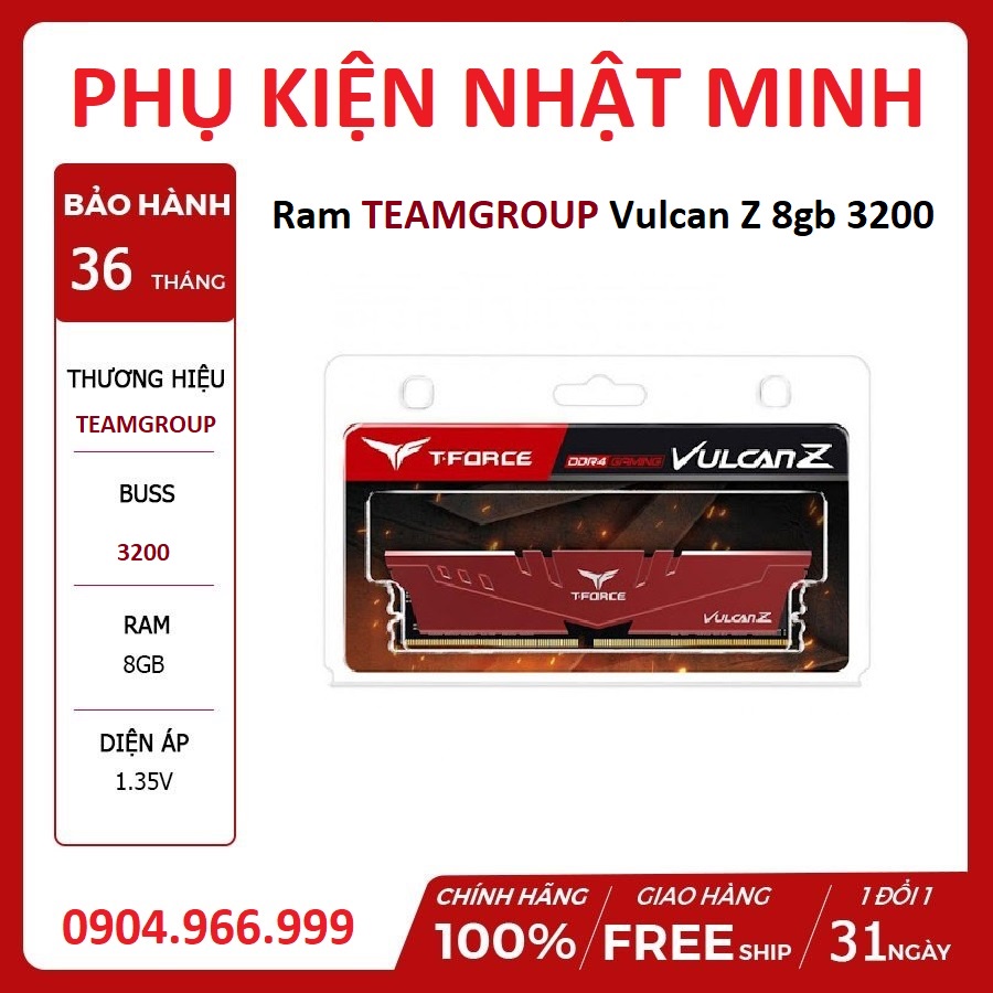 Ram máy tính PC Team Group Vulcan Z 8G/3200 Tản nhiệt 8GB (1x8GB) DDR4 3200Mhz hàng thương hiệu chính hãng BH 36 tháng