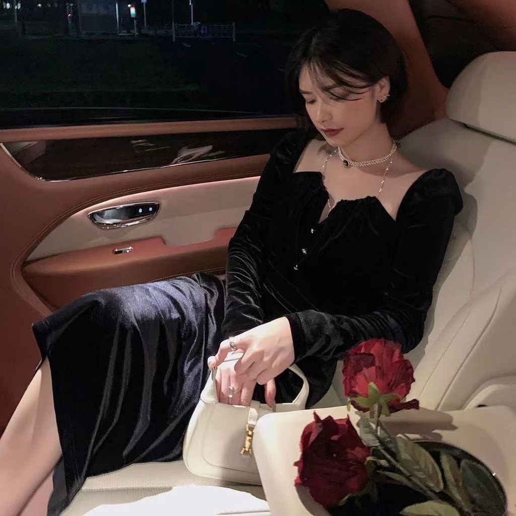 Đầm nhung đen tay phồng phong cách Pháp thời trang mùa thu cho nữ