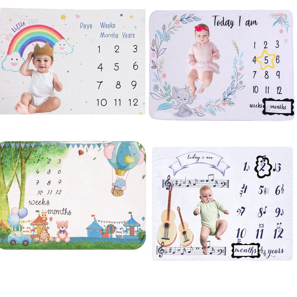 Chăn vải nỉ in họa tiết 12 tháng làm đạo cụ chụp ảnh ghi lại dấu mốc phát triển của trẻ sơ sinh