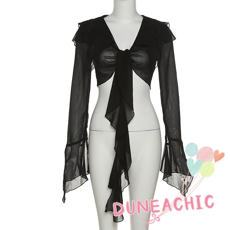 DUNEA Áo Croptop Tay Dài Phối Lưới Phong Cách Quyến Rũ Cho Nữ
