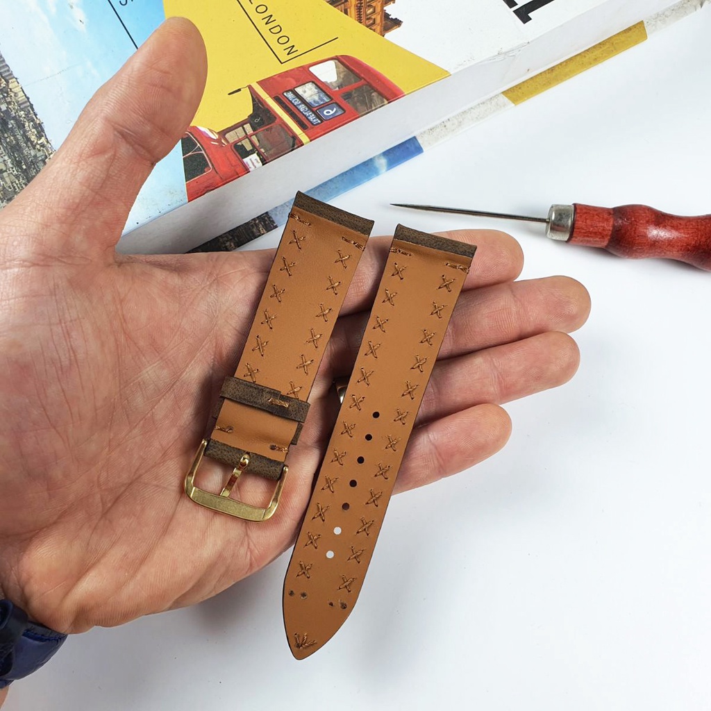 Dây đồng hồ thủ công da bò sáp AL117VB   Size 20/Size 22 - 100% da bò thật, BH 3 năm