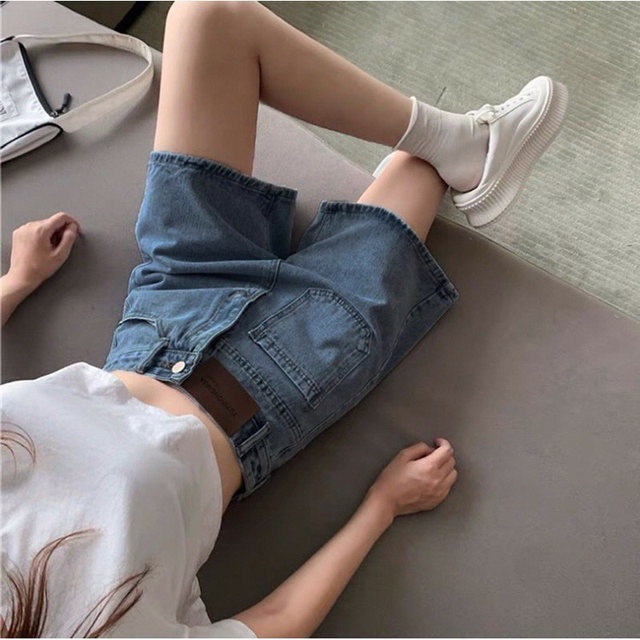 Quần Short Jean Ngố Nữ Ống Rộng TÚI LỆCH Chất Bò Phong Cách Ulzzang Hàn Quốc